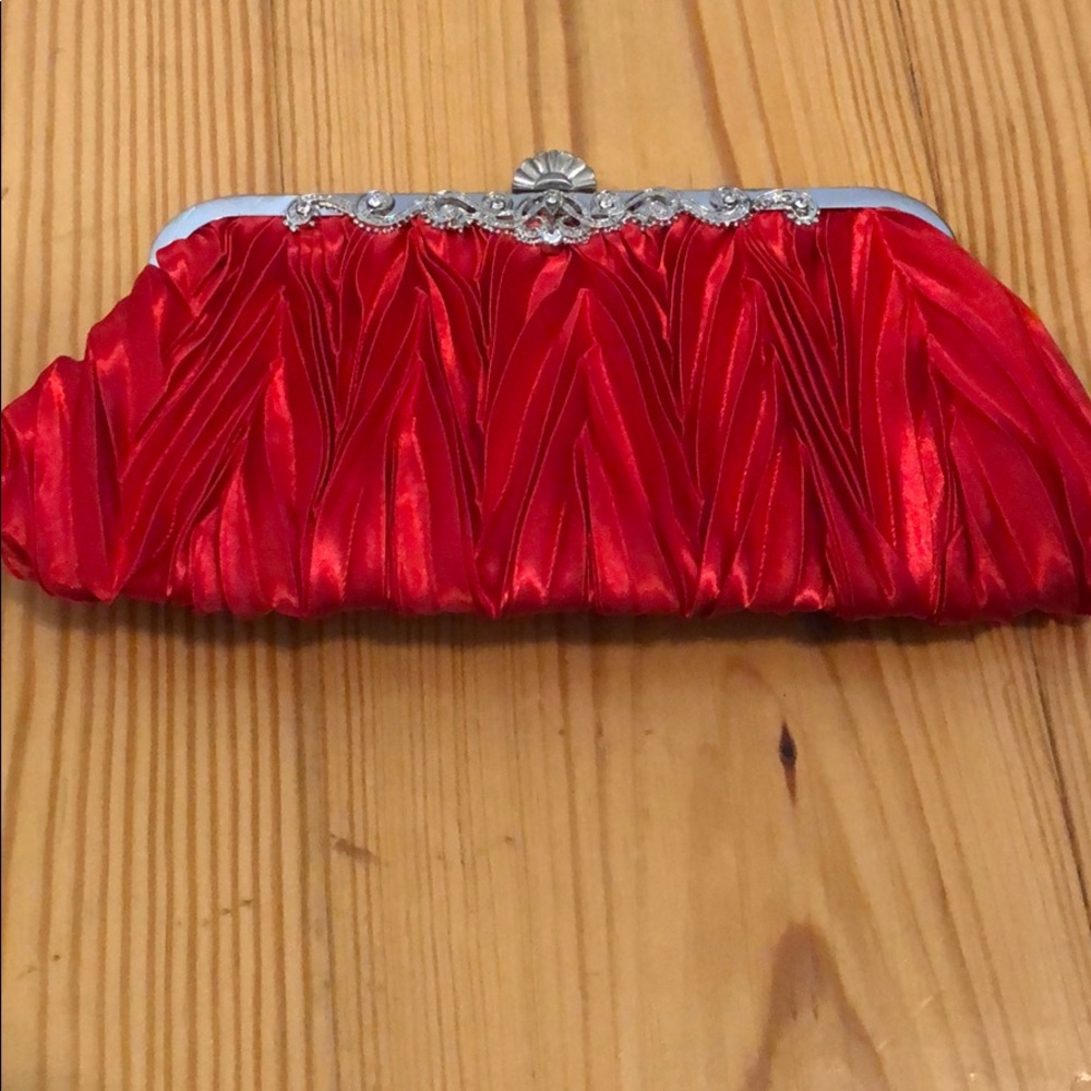 Red Satin Evening Clutch with Silver Frame